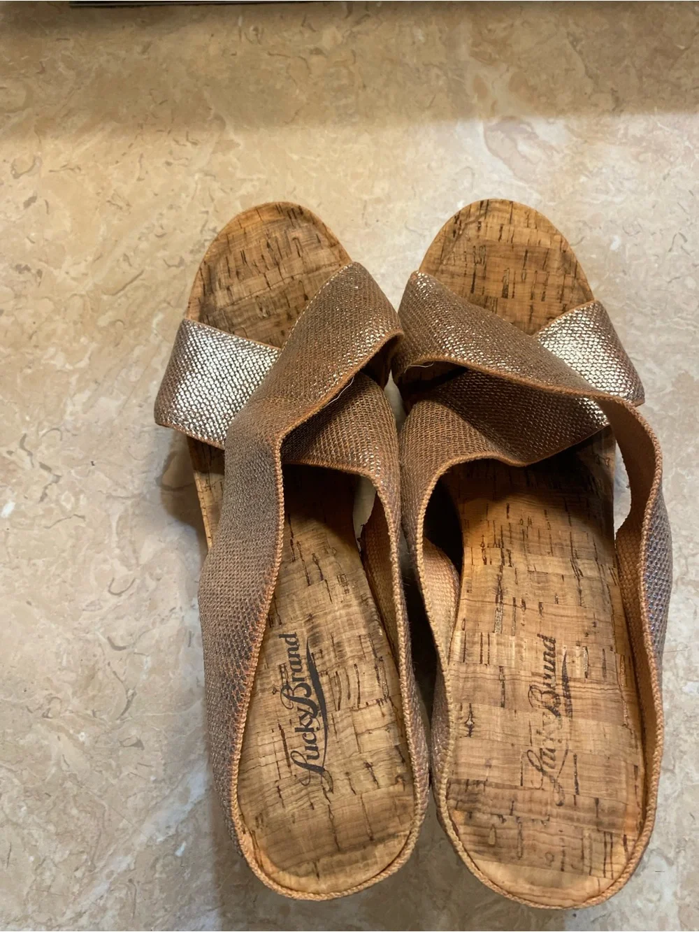 Lucky Brand Metallic Rose Gold Crossband Wedge Sandals